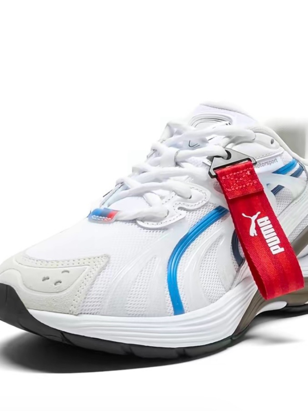 Puma White Athletic Sneaker with Blue Accents and Red Puma Pull Tab